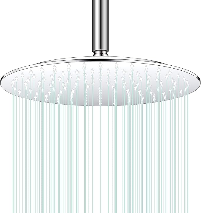 All Metal Rain Shower Head - Heavy Duty Stainless Steel, Easy Install, High Water Flow, Ultra-Thin Modern Design for Bathroom (Chrome, 12)