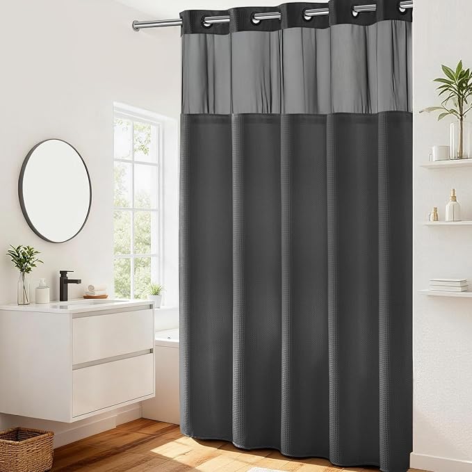 River Dream Waffle No Hook Shower Curtain with Liner,Graphite Grey,71x86 | Dotted Waffle,Snap-in Liner,Heavy Duty,Quick Dry,Mesh Top Window,With Bottom Magnets,Hotel-Grade,Washable,Extra Long Size
