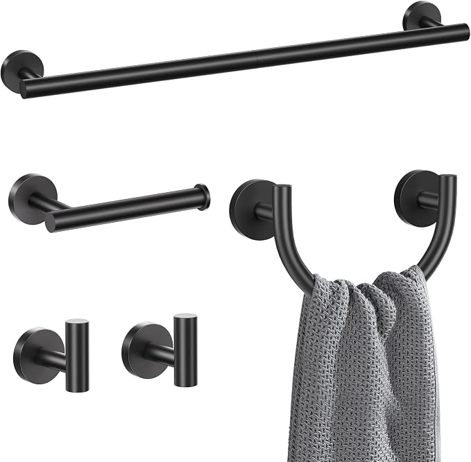 Matte Black Towel Bar Set, 5-Piece Bathroom Hardware Set with Smiley Face Towel Rings, Stainless Steel Wall-Mounted Towel Rack Set 23.6 Inch