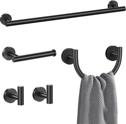 Matte Black Towel Bar Set, 5-Piece Bathroom Hardware Set with Smiley Face Towel Rings, Stainless Steel Wall-Mounted Towel Rack Set 23.6 Inch