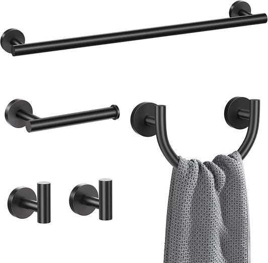 Matte Black Towel Bar Set, 5-Piece Bathroom Hardware Set with Smiley Face Towel Rings, Stainless Steel Wall-Mounted Towel Rack Set 23.6 Inch