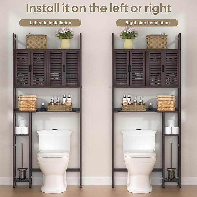 Over The Toilet Storage Cabinet: Bamboo Bathroom Organizer with Paper Holder Stand - Toilet Shelf No-Drill Installation Waterproof Feet - Left/Right Side Mount Space Saver Rack