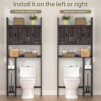 Over The Toilet Storage Cabinet: Bamboo Bathroom Organizer with Paper Holder Stand - Toilet Shelf No-Drill Installation Waterproof Feet - Left/Right Side Mount Space Saver Rack