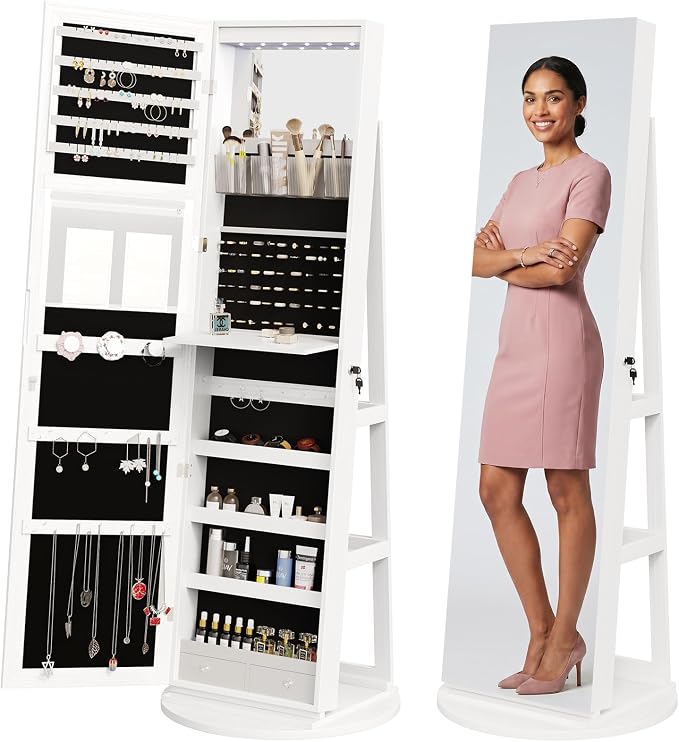 DUMOS 6 LEDs Standing Jewelry Armoire Cabinet, Full Length Mirror, Lockable | 360° Swivel, Jewelry Organizer and Storage, Build-in Mirror, Foldable Makeup Tray, Additional Storage Shelf, White