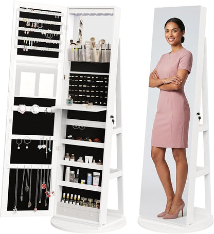DUMOS 6 LEDs Standing Jewelry Armoire Cabinet, Full Length Mirror, Lockable | 360° Swivel, Jewelry Organizer and Storage, Build-in Mirror, Foldable Makeup Tray, Additional Storage Shelf, White