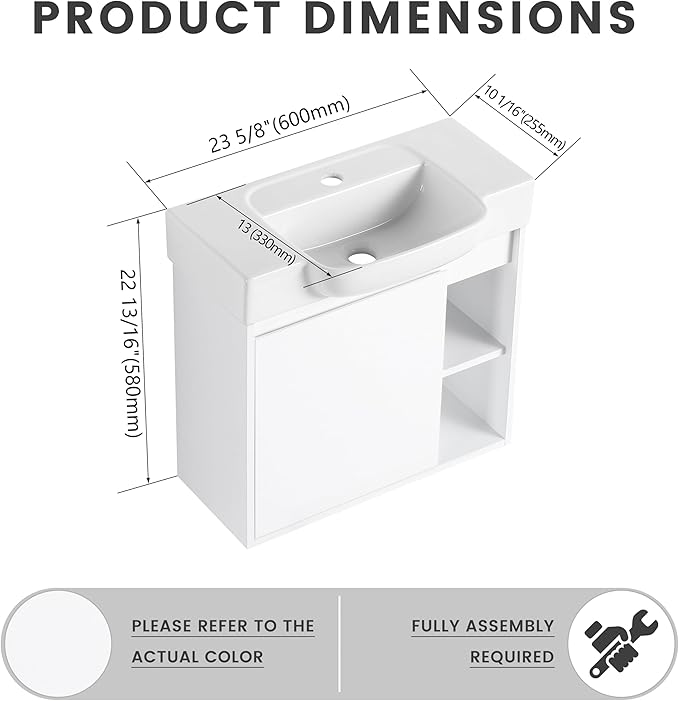 24 Inch Floating Vanity,24" Bathroom Vanity with Sink Combo,Modern Single Sink Bathroom Vanity Combo,White Wall Mounted Cabinet Set