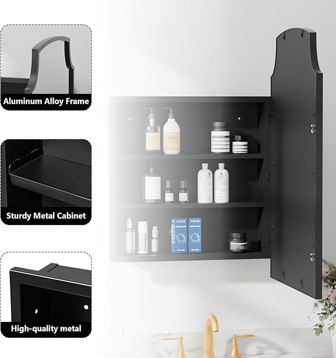 Casaphoria 30" H x 20" W Arched Bathroom Medicine Cabinet with Mirror, Metal Frame Wall Medicine Cabinets Mirrors, Wall Mirror Cabinet, Black