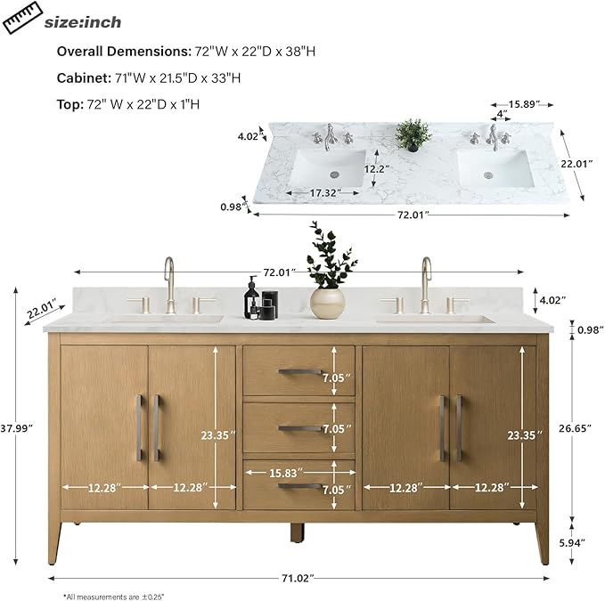 HomeBeyond 72 Inch Bathroom Vanity with Sink & Ceramic Top, Double Vanity Cabinet with Basin, Soft-Closing Doors & Matte Black Hardware, Natural Oak