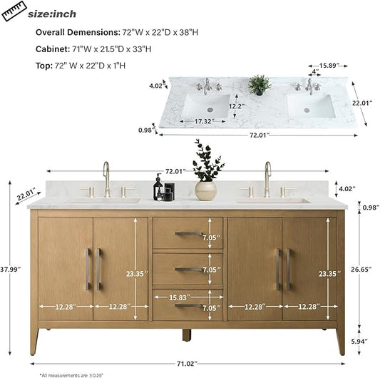 HomeBeyond 72 Inch Bathroom Vanity with Sink & Ceramic Top, Double Vanity Cabinet with Basin, Soft-Closing Doors & Matte Black Hardware, Natural Oak