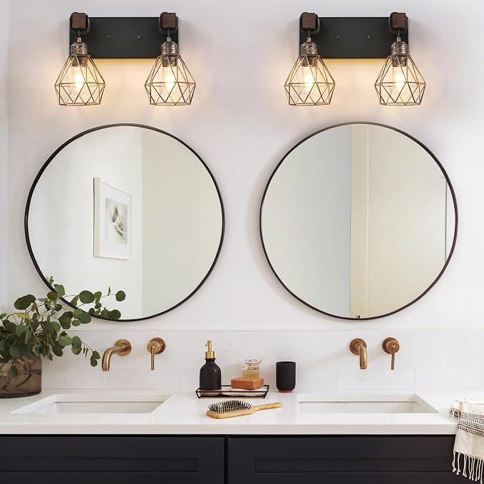 maesta Bathroom Vanity Light, 2 Light Farmhouse Fixture Over Mirror | Farmhouse Bathroom Light Fixtures, Wood & Metal, Black Gold, Anti-Rust Easy to Install for Rustic Bathroom Hallway