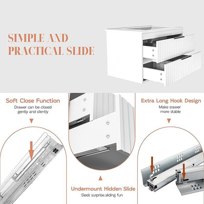 24" Bathroom Vanity with Sink, Floating Vanity Bathroom Sink Cabinet Wall Mount, Soft-Close Function 2 Large Drawers, Grooved Stripe Design, Hidden Damping Drawers, White