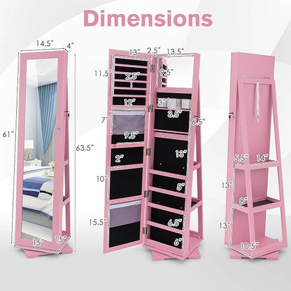 360° Rotating Jewelry Armoire, Freestanding Jewelry Cabinet with Inside Makeup Mirror, 2-in-1 Lockable Jewelry Organizer w/Full-Length Mirror for Women (Pink)