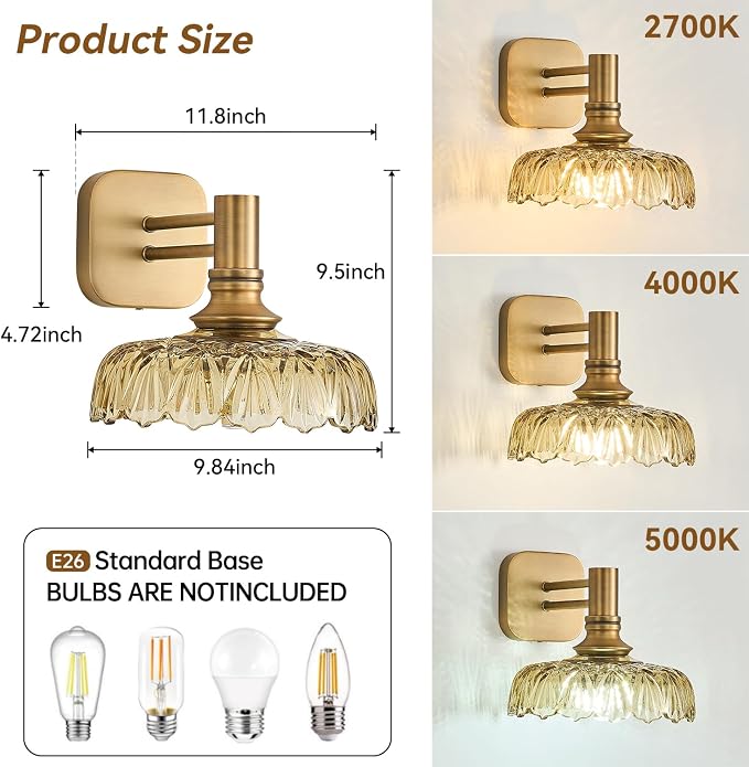 Vintage Amber Glass Wall Sconces E26 Wall Light Fixture for Bathroom Bedroom Kitchen Dining Room Hallway