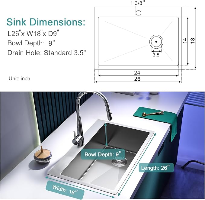 Brushed Topmount Kitchen Sink - 26”×18” Single Bowl Sink, Sink Grid | 9 Inch Deep Handmade Bar Sink with Strainer, Stainless Steel 304, Right Side Drain, X-Groove Drainage, Sound-Dampening Pad