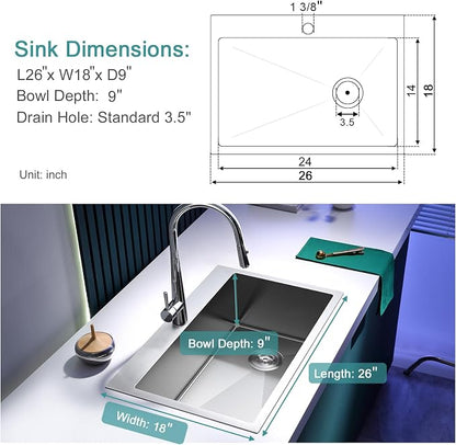 Brushed Topmount Kitchen Sink - 26”×18” Single Bowl Sink, Sink Grid | 9 Inch Deep Handmade Bar Sink with Strainer, Stainless Steel 304, Right Side Drain, X-Groove Drainage, Sound-Dampening Pad