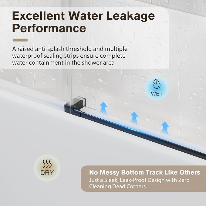 55-60" W x 60" H Frameless Bathtub Shower Door Matte Black | 1/4''(6mm) SGCC Tempered Glass,Explosion Proof Film,Nano Coating,Customizable width,Reversible installation,Easy to Clean