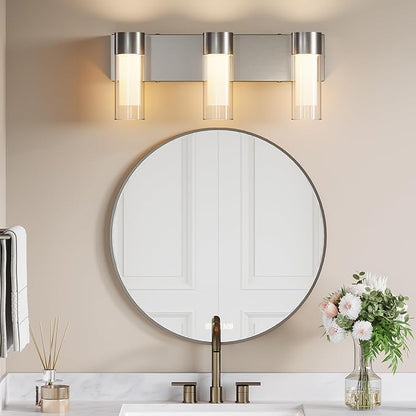 Tribesigns LED Bathroom Light Fixtures, 3-Light Vanity Lights Over Mirror, Wall Lights with 3 Color Modes & Sand Nickel Finish, Wall Sconces with Clear Glass Shades for Bathroom Hallway Bedroom