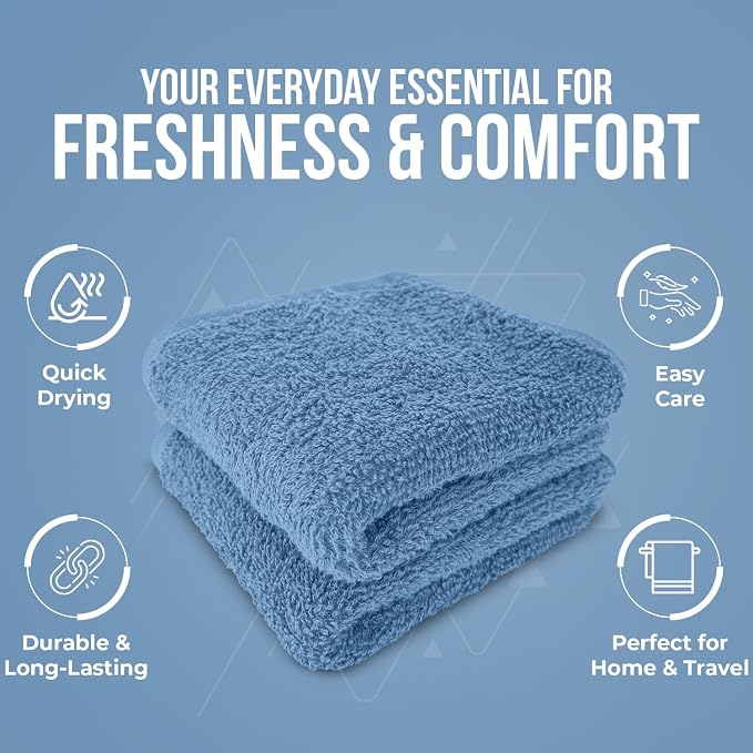 DAN RIVER 12 Pack Cotton Wash Cloths Set for Showering [12x12] M Blue | Lighter Weight, Quick to Dry, Super Soft & Absorbent Face Towels, Hotel Quality, Perfect for Bathroom, Gym, Spa