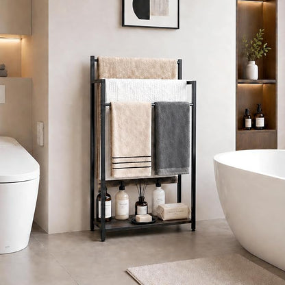 16.9" W Freestanding Towel Rack with Black Wood Shelf | 3 Tier Blanket Ladder Stand for Bathroom Living Room, Metal Frame,31.5"H x 16.9"W x7.9"D