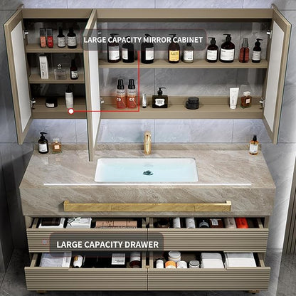 Bathroom Vanity with Sink - Modern Single/Double Sink Bathroom Vanity Cabinet & Smart Defogger Mirror Cabinet Set, Multi-Layer Solid Wood Material | Floor-Mounted Installation (Single Sink,52")