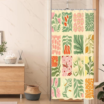 JAWO Retro Shower Curtain Vintage Abstract Boho Floral Shower Curtains for Bathroom Decor Pink Yellow Botanical Geometric Groovy Aesthetic Pattern Shower Curtain Sets with Hooks,36X72IN