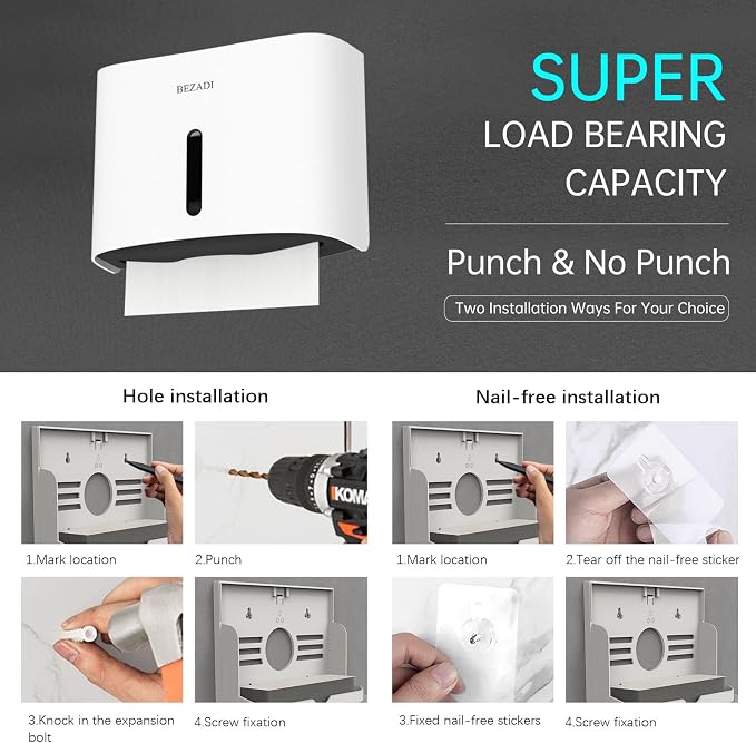 Paper Towel Dispenser,Large Capacity Wall Mount Tissue Dispensers with Smart Lock, Used for Kitchen and Bathroom Toilet Paper Holders White