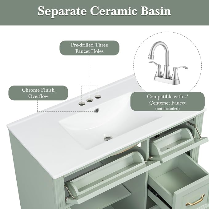 36" Bathroom Vanity with Ceramic Sink,Modern Freestanding Storage Cabinet w/Soft-Close Door and 2 Tip-Out & 2 Drawers,Undermount Single Basin Bath Vanity Set w/Adjustable Shelf,Green
