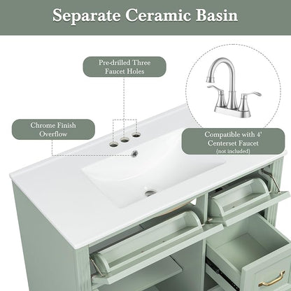 36" Bathroom Vanity with Ceramic Sink,Modern Freestanding Storage Cabinet w/Soft-Close Door and 2 Tip-Out & 2 Drawers,Undermount Single Basin Bath Vanity Set w/Adjustable Shelf,Green