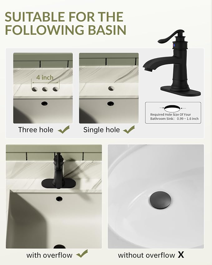 Matte Black Bathroom Faucet Brass Single Handle Bathroom Sink Faucets | Single Hole Farmhouse Faucet Vanity Lavatory RV with Overflow Pop Up Drain Mixer Tap Commcercial Rustic by BATHLAVISH
