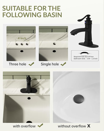 Matte Black Bathroom Faucet Brass Single Handle Bathroom Sink Faucets | Single Hole Farmhouse Faucet Vanity Lavatory RV with Overflow Pop Up Drain Mixer Tap Commcercial Rustic by BATHLAVISH