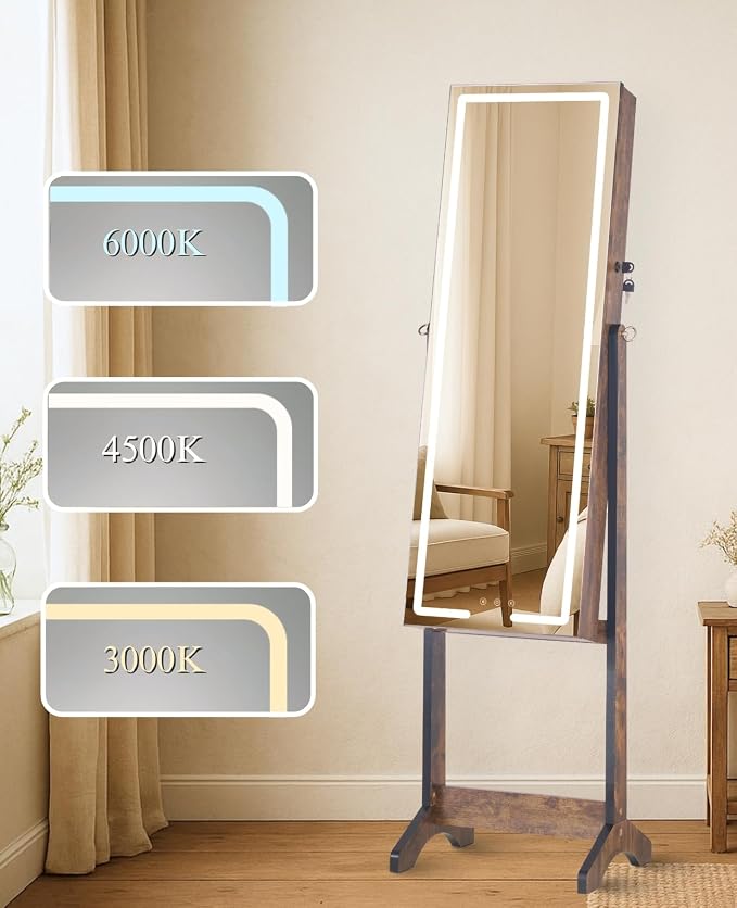 LUXFURNI Standing Jewelry Armoire Cabinet with Full‑Length Mirror Storage | 3‑Color LED Lights, 3 Brush Holders, 3 Adjustable Tilt Angles, True‑to‑View Glass, USB‑Powered Supply, Lockable Design