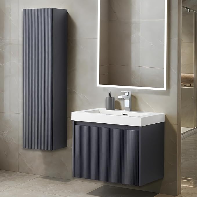 Blossom 24 Inch Bathroom Vanity with Sink and Side Cabinet, All Wood Floating Bathroom Vanity with Acrylic Sink, Bathroom Sink Cabinet with Soft-Close Drawer, Modern Style Vanities, Night Blue