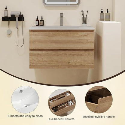 Floating Bathroom Vanity with Sink Wall Mounted Cabinet with 2 Soft-Close Drawers, Moisture-Resistant MDF,Large Storage for Small Space (30")
