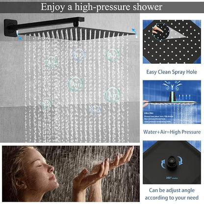 Shower Faucet Set 16 Inch Wall Mount Rain Shower System, All Metal Shower Fixtures - Matte Black