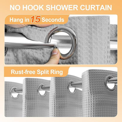 River Dream Cotton Blend No Hook Shower Curtain with Liner, Grey, 71x86 | Extra Long, with Snap in Liner, Heavyweight Waffle Fabric, Hotel Grade for Bathroom, Water Repellent, Corner Magnets