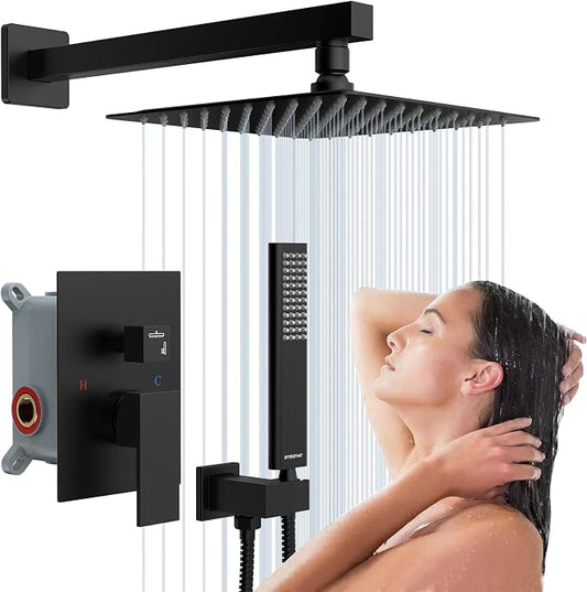 EMBATHER Shower System, High Pressure Wall Mounted Shower Faucet Set Complete 10 Inch Matte Black (Contain Rough-in Valve & Trim)