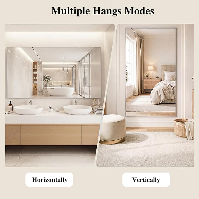 Koonmi Silver Rectangle Wall Mirror, 30x55 Inch Bathroom Mirror, Aluminum Frame Vanity Mirror for Entryway, Living Room, Bedroom Bathroom, Hangs Horizontally or Vertically