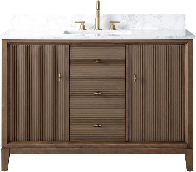 Vanity Art 48" Bathroom Vanity with Single Sink & Arabescato White Engineered Stone Top, Vanity Cabinet with Soft Closing Door, Solid Wood Frame, Golden Brushed Handles, Walnut VA8148-Walnut-GB