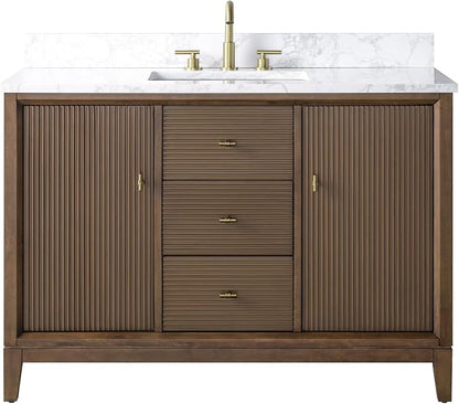 Vanity Art 48" Bathroom Vanity with Single Sink & Arabescato White Engineered Stone Top, Vanity Cabinet with Soft Closing Door, Solid Wood Frame, Golden Brushed Handles, Walnut VA8148-Walnut-GB
