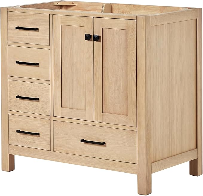 ARIEL Cambridge 36-inch Bathroom Vanity Base Cabinet,Solid Wood, 2 Soft Closing Doors, 5 Dovetail Drawers, White Oak