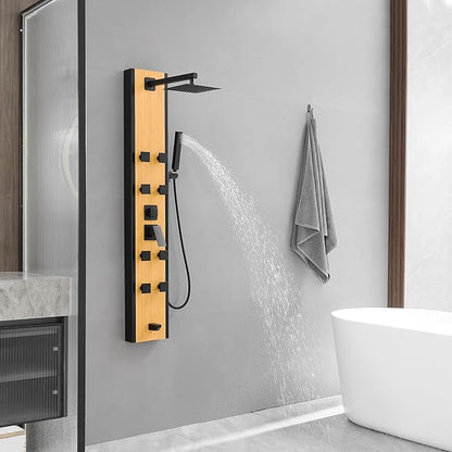BWE Stainless Steel Shower Panel Tower System 8 Jets Multi-Function Shower Panel System Black and Bamboo Panel with Handheld Wand Wall Mount Shower Column