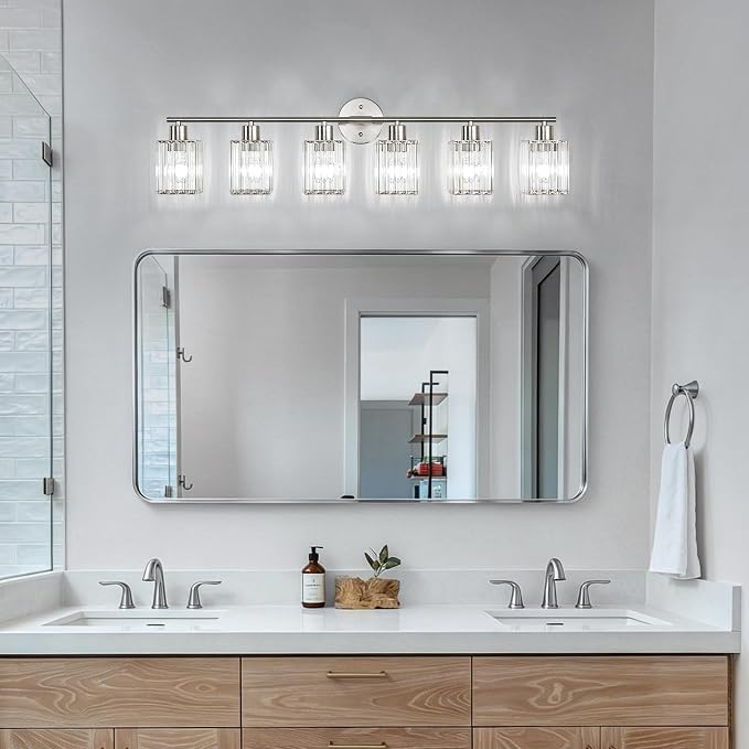 6 Light Bathroom Light Fixtures, Modern Crystal Vanity Lights over Mirror | Metal Frame, Bathroom Light with Square Crystal Shade, ETL Certified, E26 Ceramic Socket, Bulbs Not Included