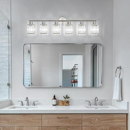 6 Light Bathroom Light Fixtures, Modern Crystal Vanity Lights over Mirror | Metal Frame, Bathroom Light with Square Crystal Shade, ETL Certified, E26 Ceramic Socket, Bulbs Not Included