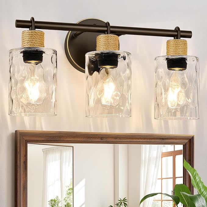 Bathroom Light Fixtures, 3-Light Coastal Vanity Lights with Crystal Glass Shade, Oil-Rubbed Bronze Bathroom Wall Lamp for Mirror Kitchen Hallway Cabinet