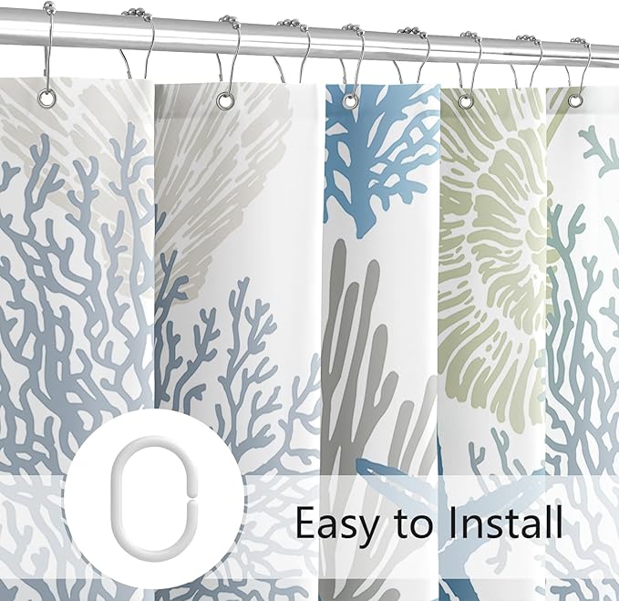 Long Shower Curtain 72 x 78 Inch, Tall Nautical Coastal Fabric Shower Curtains for Bathroom, Summer Tropical Seashell Starfish Coral Beach Ocean Themed Shower Curtain Set with Hooks, Blue