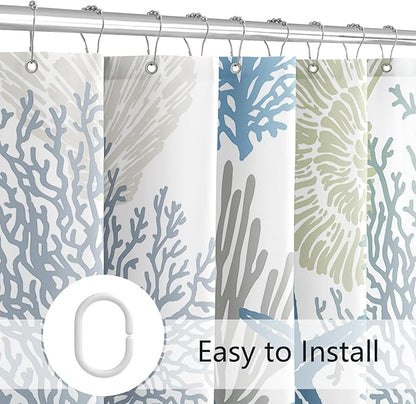 Long Shower Curtain 72 x 78 Inch, Tall Nautical Coastal Fabric Shower Curtains for Bathroom, Summer Tropical Seashell Starfish Coral Beach Ocean Themed Shower Curtain Set with Hooks, Blue