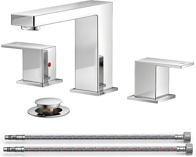QFN Lead-Free Chrome Bathroom Faucet 3 Hole, Square Bathroom Sink Faucet 8 Inch Widespread, 2 Handle for 6"-12" Vanity Sink with Metal Pop Up Drain and 24" cUPC Supply Hoses