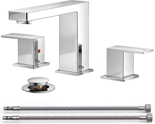QFN Lead-Free Chrome Bathroom Faucet 3 Hole, Square Bathroom Sink Faucet 8 Inch Widespread, 2 Handle for 6"-12" Vanity Sink with Metal Pop Up Drain and 24" cUPC Supply Hoses