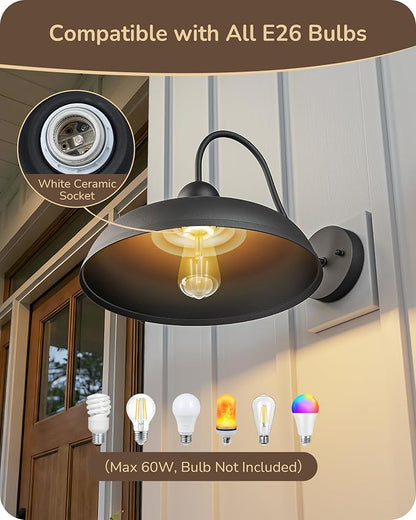 EDISHINE 2 Pack Outdoor Wall Light, 12" Farmhouse Gooseneck Barn Light | Black Matte, Hardwired, E26 Base, Weatherproof Wall Mount Lantern for Porch, Entryway, Garage, Garden, Patio