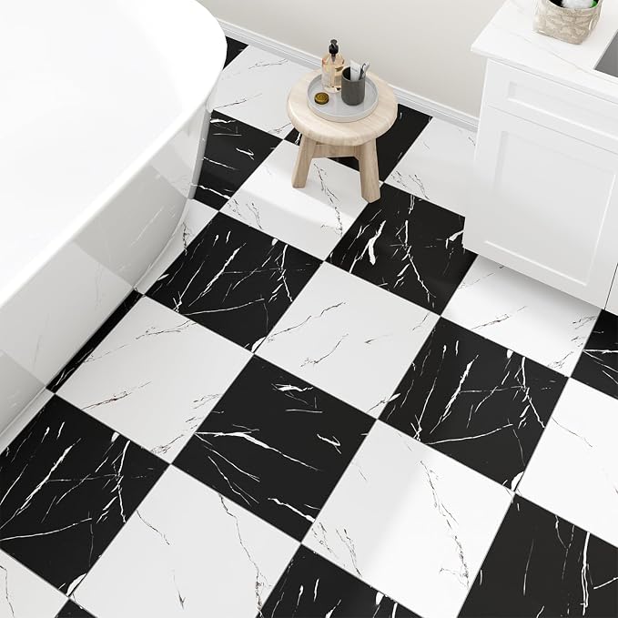 30-Pack 30 Sq.Ft Peel and Stick Floor Tiles Vinyl Matte Pattern Flooring, 12” x 12” Self Adhesive Vinyl Flooring DIY for Kitchen, Bathroom, Laundry, Black&White Marble